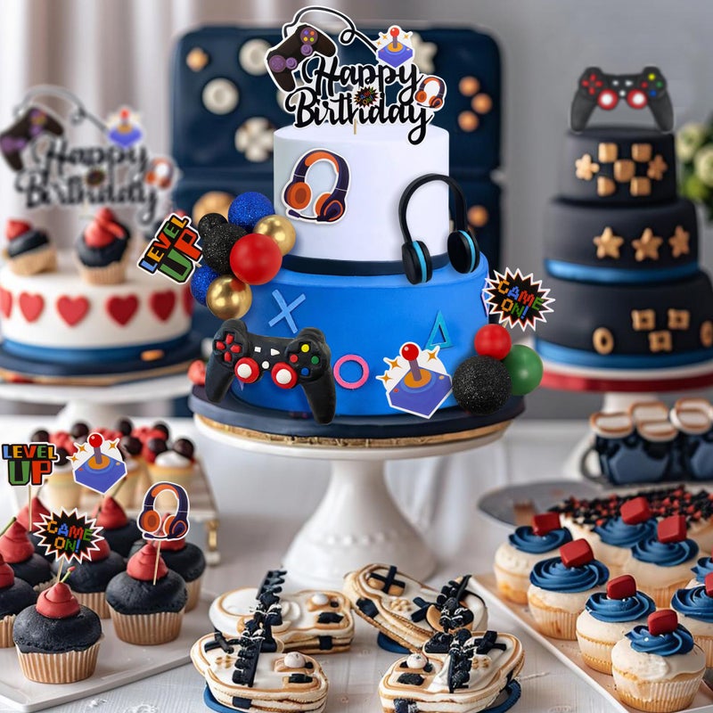 TOSPARTY Video Game Cake Toppers Video Game Happy Birthday Controller Headset Cake Decoration Ball Cake Decoration for Game Theme Birthday Party Cake Decoration (Blue Colorful) - Image 4