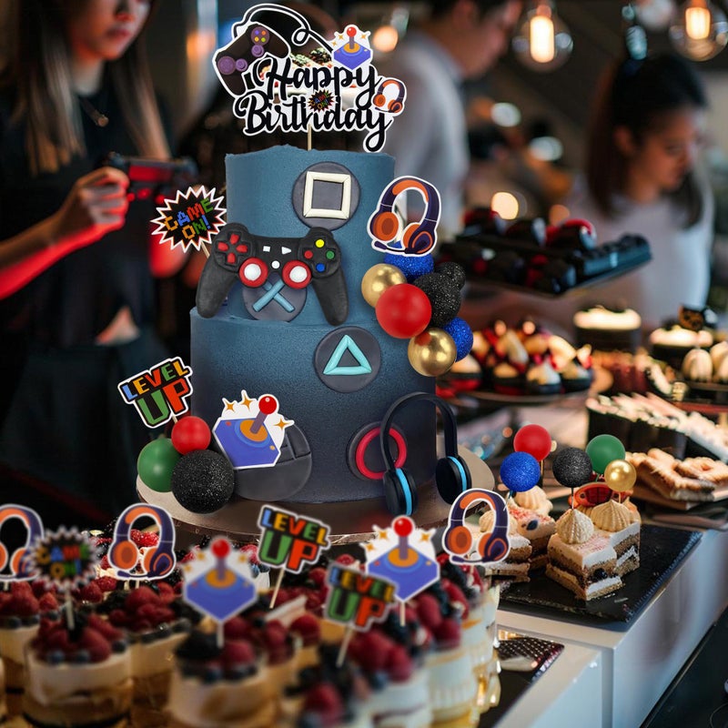 TOSPARTY Video Game Cake Toppers Video Game Happy Birthday Controller Headset Cake Decoration Ball Cake Decoration for Game Theme Birthday Party Cake Decoration (Blue Colorful) - Image 5