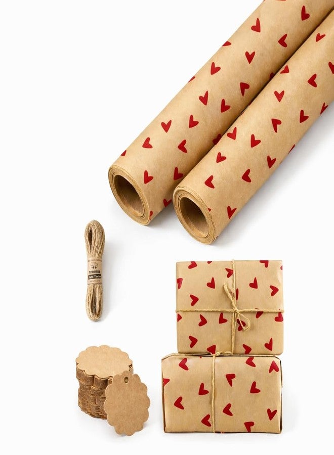 TOWNBUS Kraft Paper Gift Wrapping Pack of 10 (45cm x 60cm, 100 GSM) with Red Heart Print | Includes 10 Tags & Jute Ropes | Ideal for Gift Packing, Bouquet Wrapping & DIY Crafts - Image 1