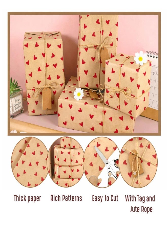 TOWNBUS Kraft Paper Gift Wrapping Pack of 10 (45cm x 60cm, 100 GSM) with Red Heart Print | Includes 10 Tags & Jute Ropes | Ideal for Gift Packing, Bouquet Wrapping & DIY Crafts - Image 4
