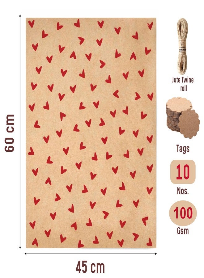 TOWNBUS Kraft Paper Gift Wrapping Pack of 10 (45cm x 60cm, 100 GSM) with Red Heart Print | Includes 10 Tags & Jute Ropes | Ideal for Gift Packing, Bouquet Wrapping & DIY Crafts - Image 2