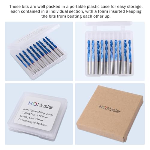 HQMaster CNC Router Bits 1/8" Shank CNC Bit End Mill Flat Nose Carbide Endmill Two Flute Spiral Upcut Milling Cutter Tool Set for Wood PVC MDF Hardwood 10Pcs (1/8"CED x 1/8"SD x 11/16"CEL x 1-1/2"OAL) - Image 2