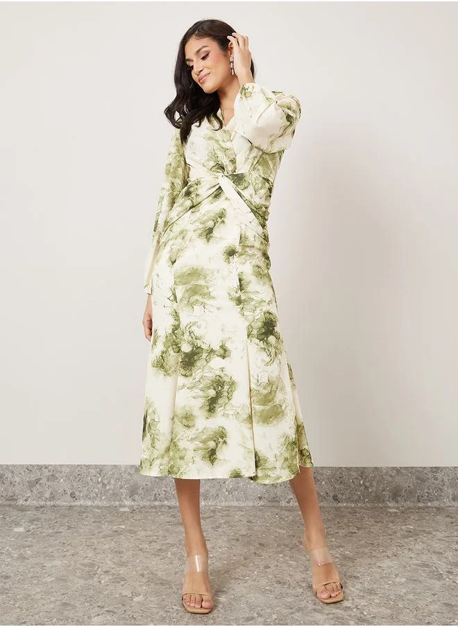Styli Tie & Dye Print V Neck Shift Midi Dress