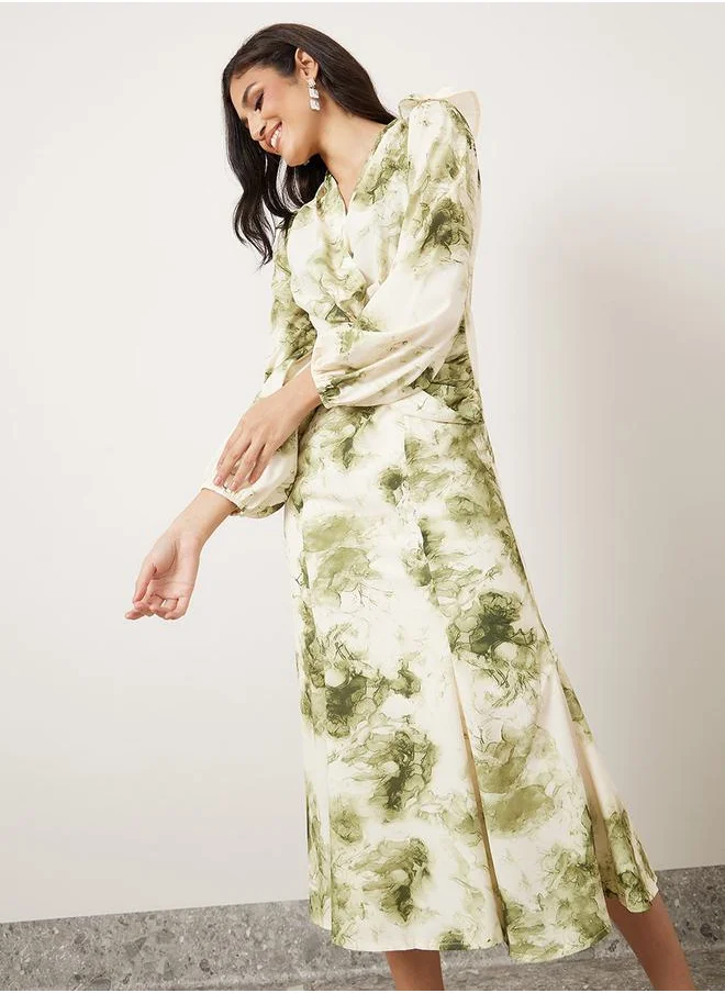 Styli Tie & Dye Print V Neck Shift Midi Dress
