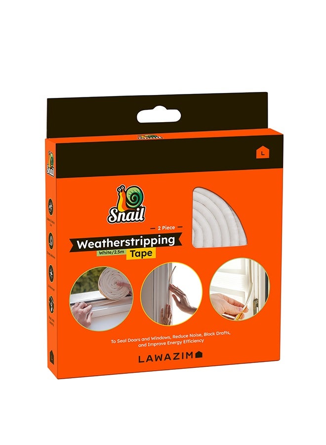 LAWAZIM Snail Weatherstripping Tape - 2 Piece, 2.5m / 8.2 FT , D-Type Foam Door & Window Seal Strip for Draft Blocking, Noise Reduction, Gap Insulation, Self-Adhesive Weather Seal for Home (White) - Image 1