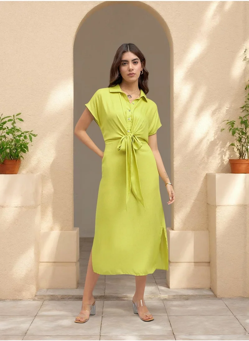 دينيس لينغو Green Regular Fit Midi Dress for Women - Viscose Moss, Half Sleeves, Casual