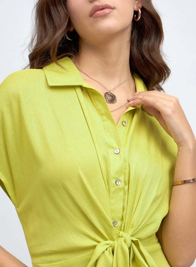 Dennis Lingo Green Regular Fit Midi Dress for Women - Viscose Moss, Half Sleeves, Casual,