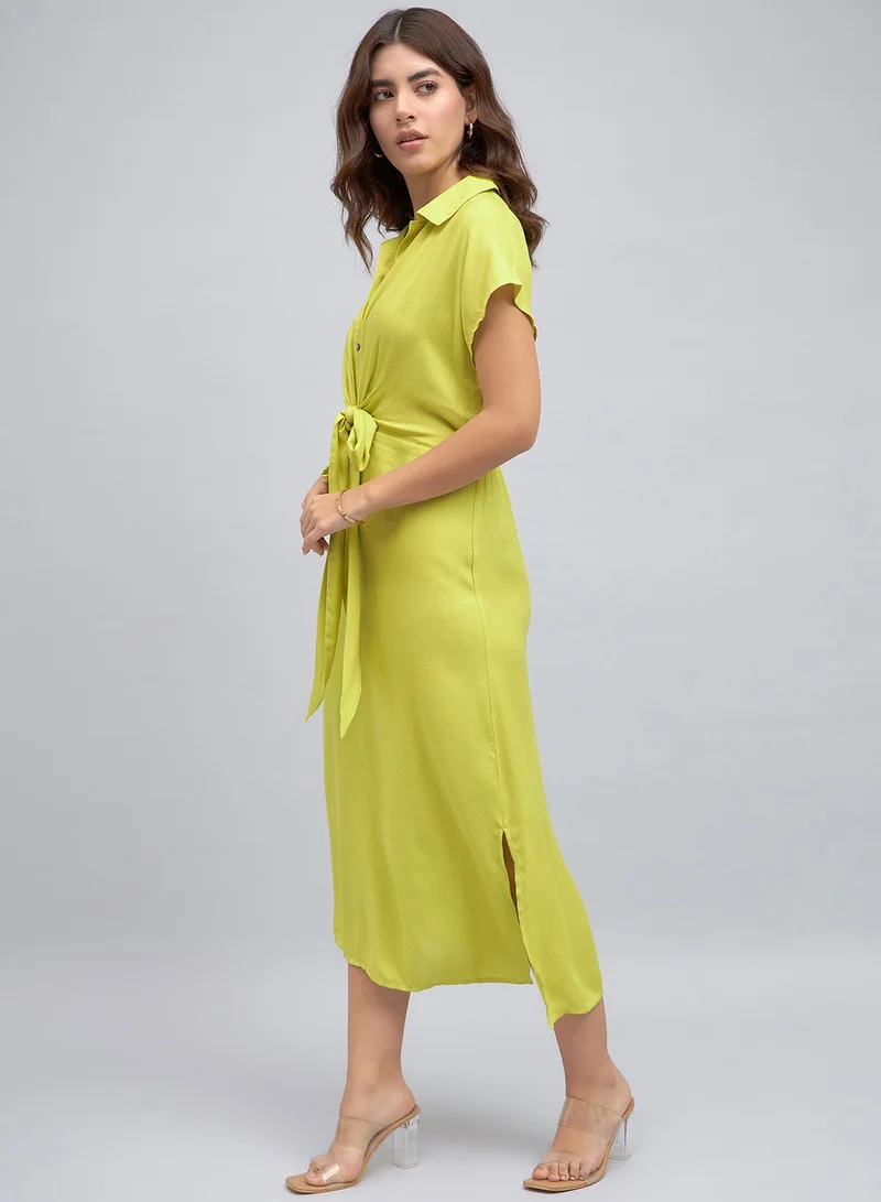 Dennis Lingo Green Regular Fit Midi Dress for Women - Viscose Moss, Half Sleeves, Casual,