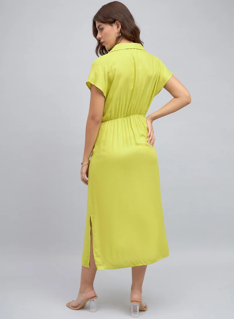 Dennis Lingo Green Regular Fit Midi Dress for Women - Viscose Moss, Half Sleeves, Casual,