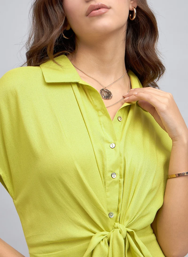 Dennis Lingo Green Regular Fit Midi Dress for Women - Viscose Moss, Half Sleeves, Casual,