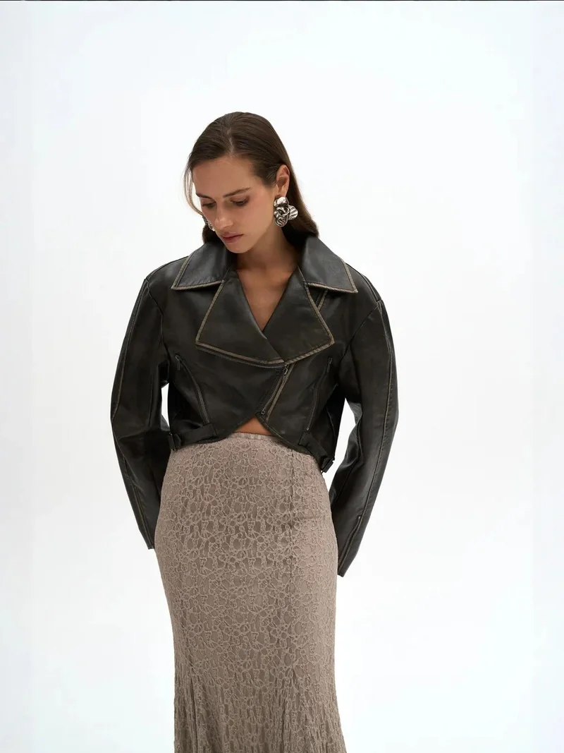 Mai Collection Charcoal Grey MAI STUDIOS Carnas Faux Leather Jacket for Women | Best Price UAE