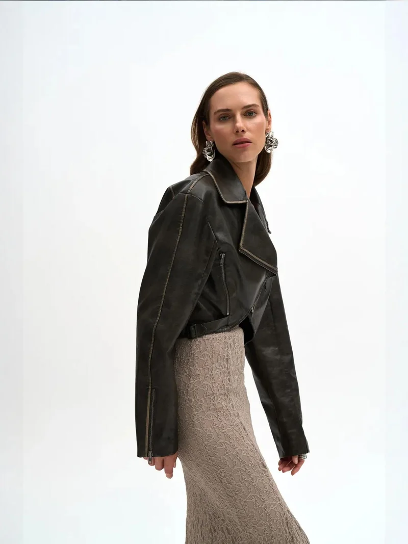 Mai Collection Charcoal Grey MAI STUDIOS Carnas Faux Leather Jacket for Women | Best Price UAE