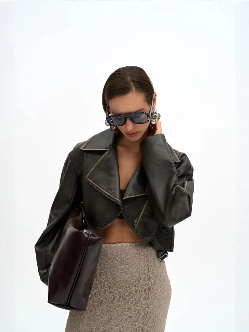 Mai Collection Charcoal Grey MAI STUDIOS Carnas Faux Leather Jacket for Women | Best Price UAE
