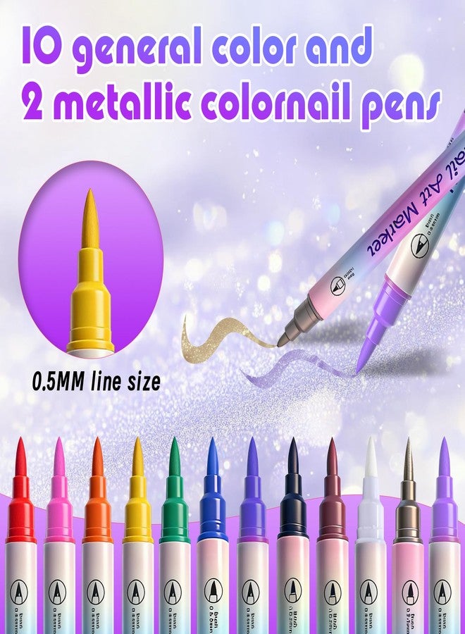 Metuu Nail Art Marker Pens with Stencils, 12 Colors Dual Brush Tip Water-Based Markers, 7 Sheets Nail Stickers Heart Butterfly Flowers Star Designs, Quick-Drying DIY Nail Design Tools for Women and Girls - Image 2