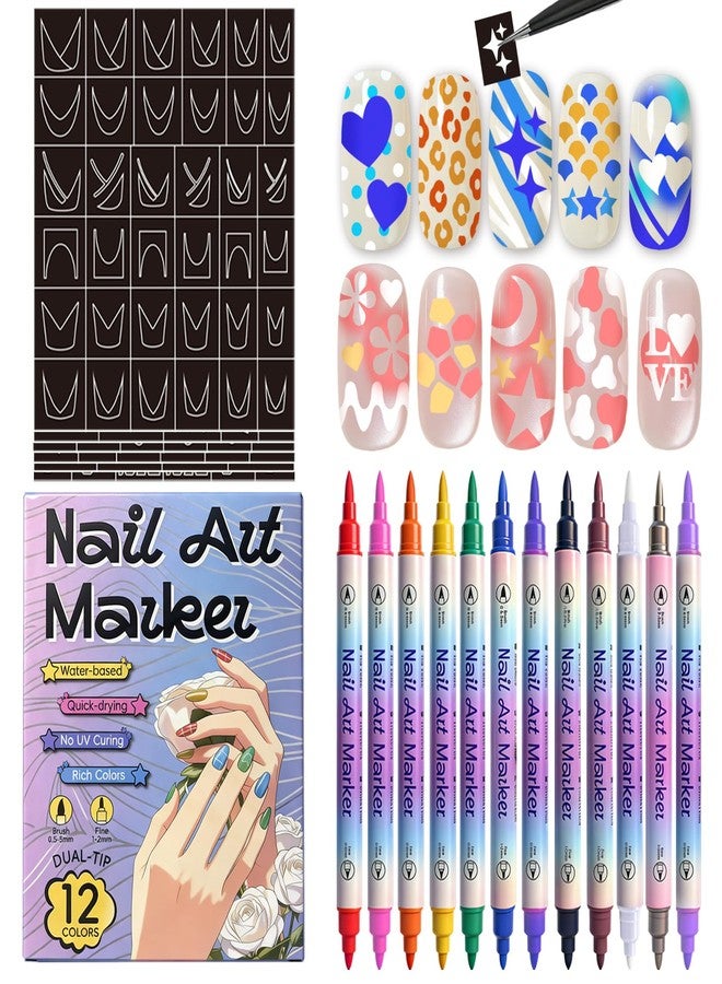 Metuu Nail Art Marker Pens with Stencils, 12 Colors Dual Brush Tip Water-Based Markers, 7 Sheets Nail Stickers Heart Butterfly Flowers Star Designs, Quick-Drying DIY Nail Design Tools for Women and Girls - Image 1