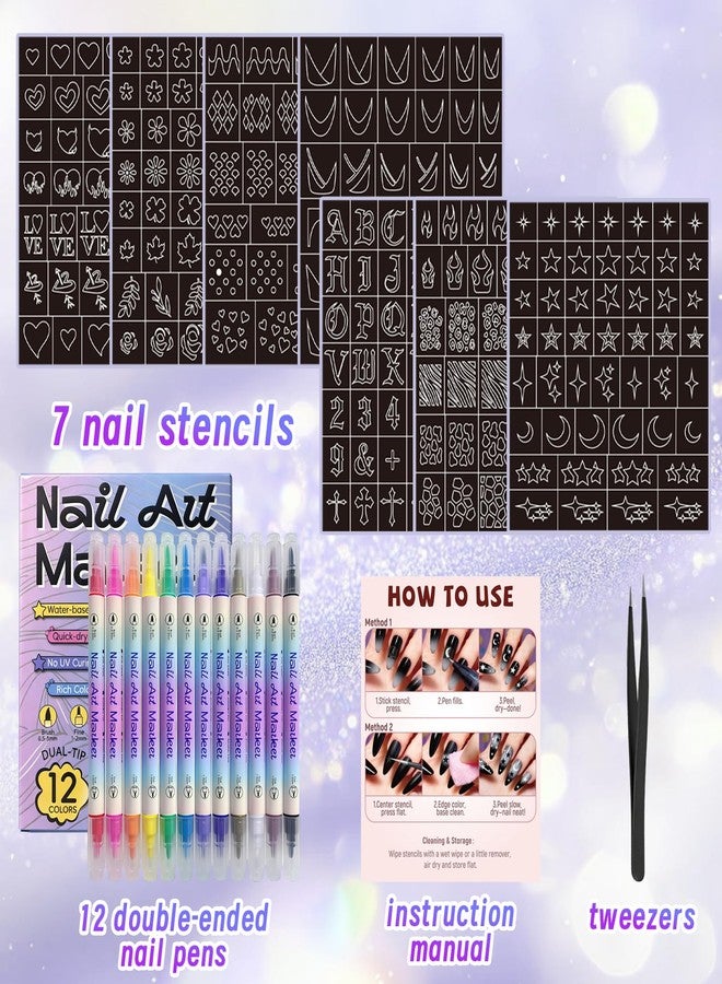 Metuu Nail Art Marker Pens with Stencils, 12 Colors Dual Brush Tip Water-Based Markers, 7 Sheets Nail Stickers Heart Butterfly Flowers Star Designs, Quick-Drying DIY Nail Design Tools for Women and Girls - Image 4