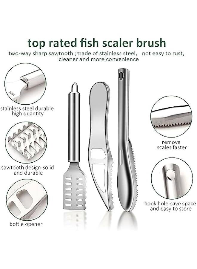 3Pcs Fish Scaler Remover, Fish Scaler Brush, Stainless Steel Fish Cleaning Kit Fish Scaler Fish Skin Graters Cleaning Peeler Scaler Scraper with Bottle Opener for Kitchen Fish Scales Removing Peelin - Image 2