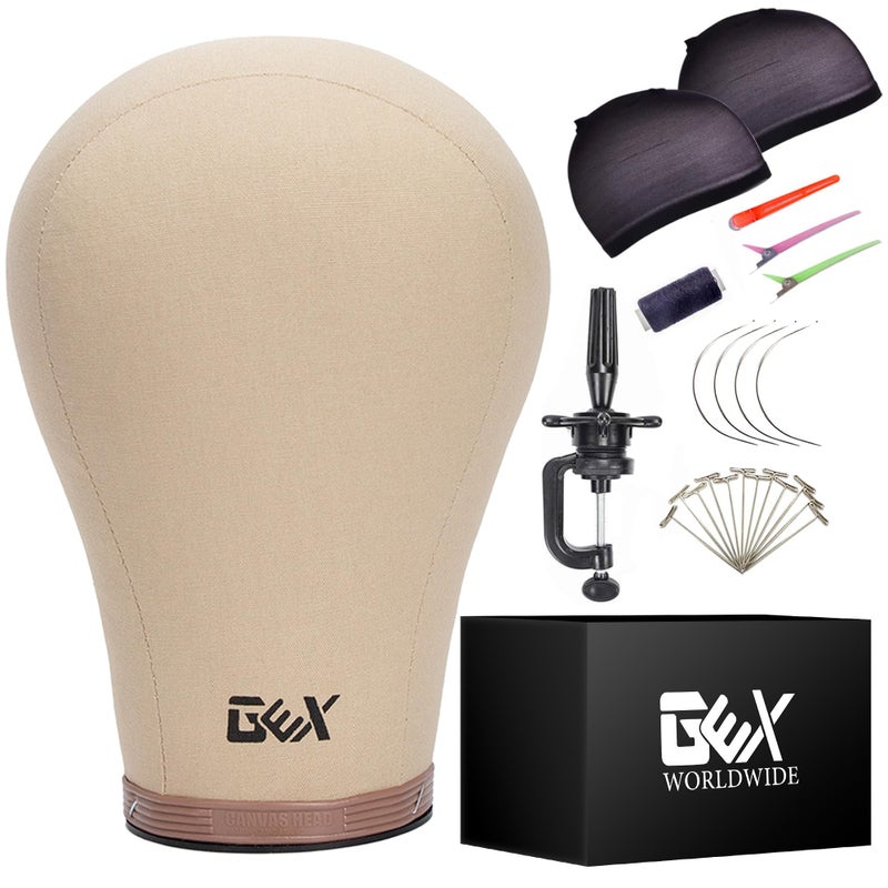 GEX 22 Canvas Cork Wig Block Mannequin Head for Wig Making Drying Styling Display with Table C Clamp Stand Holder Light Brown 22