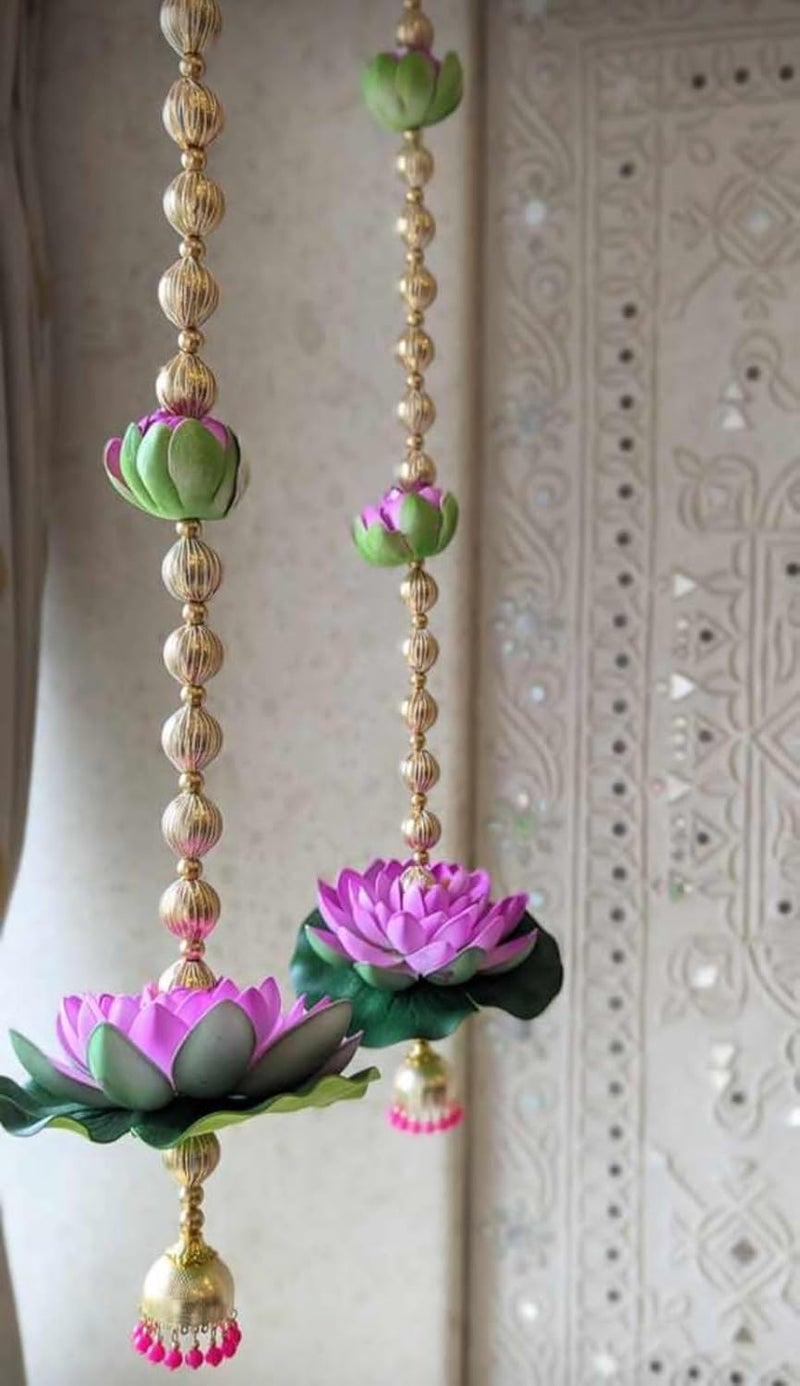 Nutts Foam Lotus with Gota Ball with Beads Jhumki String for Home Decoration All Festival Decor Pack of 2 - Image 2