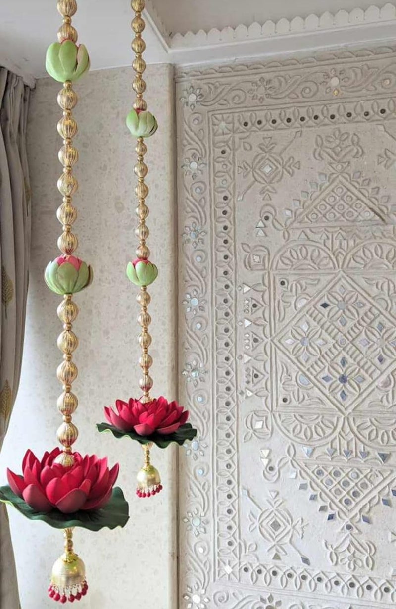 Nutts Foam Lotus with Gota Ball with Beads Jhumki String for Home Decoration All Festival Decor Pack of 2 - Image 3
