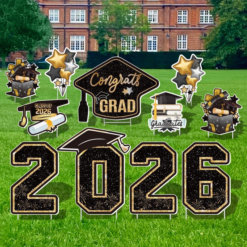 Vivantia Large 11 PCS Graduation Yard Signs, Class of 2026 Congrats Grad Outdoor Lawn Yard Sign with Stakes, Graduate Yard Decorations for College High School Party, Black and Gold - Image 1