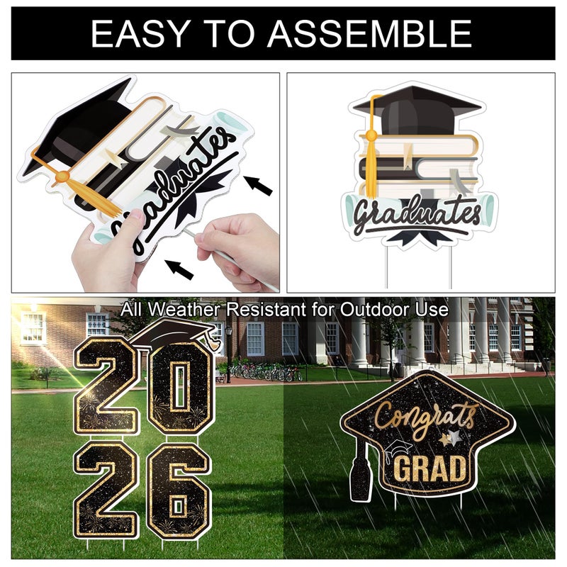 Vivantia Large 11 PCS Graduation Yard Signs, Class of 2026 Congrats Grad Outdoor Lawn Yard Sign with Stakes, Graduate Yard Decorations for College High School Party, Black and Gold - Image 4
