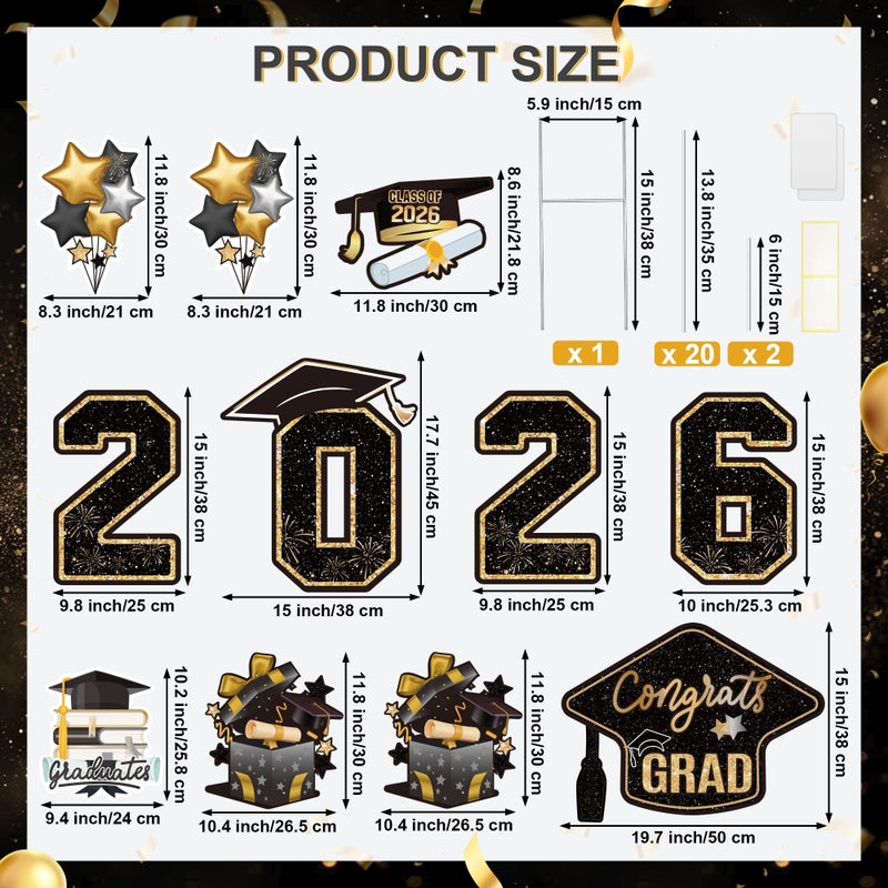Vivantia Large 11 PCS Graduation Yard Signs, Class of 2026 Congrats Grad Outdoor Lawn Yard Sign with Stakes, Graduate Yard Decorations for College High School Party, Black and Gold - Image 2