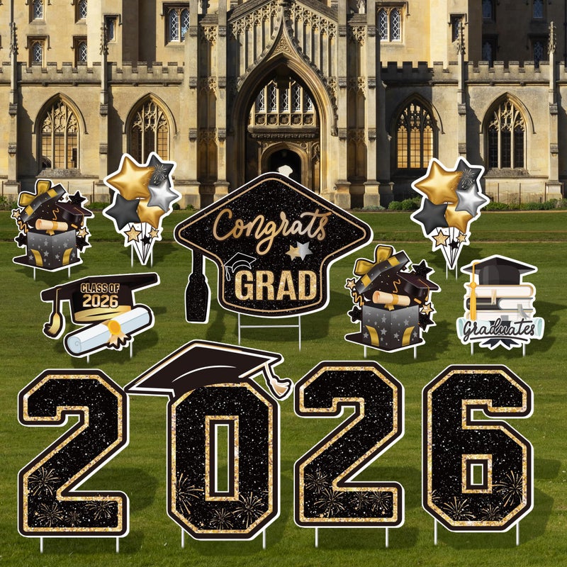 Vivantia Large 11 PCS Graduation Yard Signs, Class of 2026 Congrats Grad Outdoor Lawn Yard Sign with Stakes, Graduate Yard Decorations for College High School Party, Black and Gold - Image 5