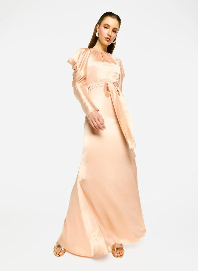 House of Moda House of Moda Pleated Neckline Cold Shoulder Tie-Up Waist Maxi Dress