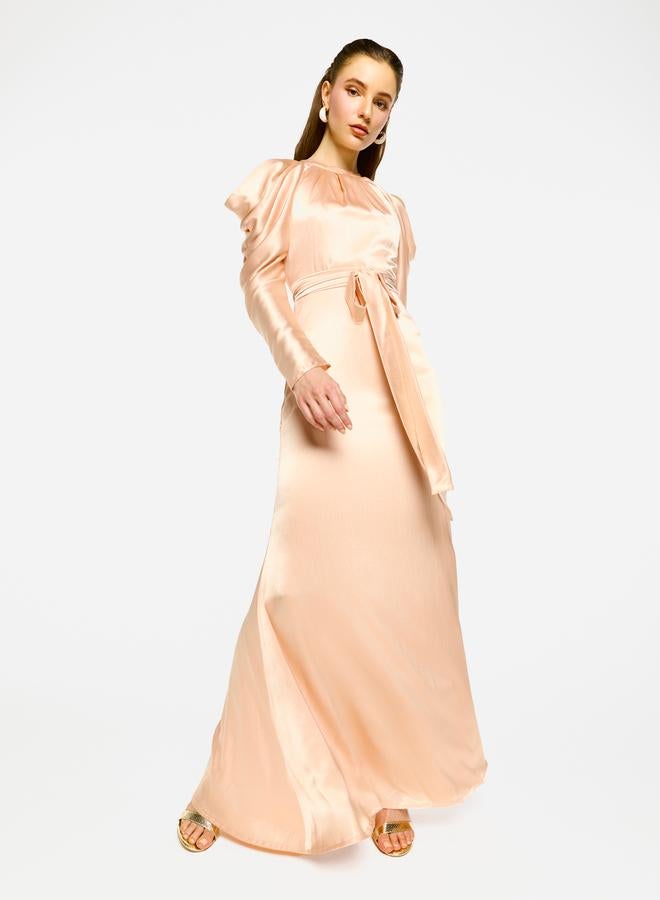 House of Moda Pleated Neckline Cold Shoulder Tie-Up Waist Maxi Dress - Image 2