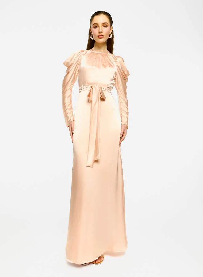 House of Moda House of Moda Pleated Neckline Cold Shoulder Tie-Up Waist Maxi Dress