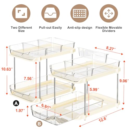 Delamu 2Tier MultiPurpose Bathroom Under Sink Organizers and Storage Stackable Kitchen Pantry Organization Pull Out Medicine Cabinet Organizer with Movable Dividers Beige 2 Pack - Image 3
