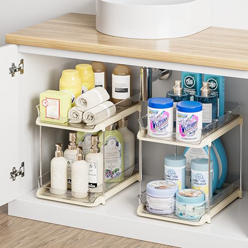 Delamu 2Tier MultiPurpose Bathroom Under Sink Organizers and Storage Stackable Kitchen Pantry Organization Pull Out Medicine Cabinet Organizer with Movable Dividers Beige 2 Pack - Image 1
