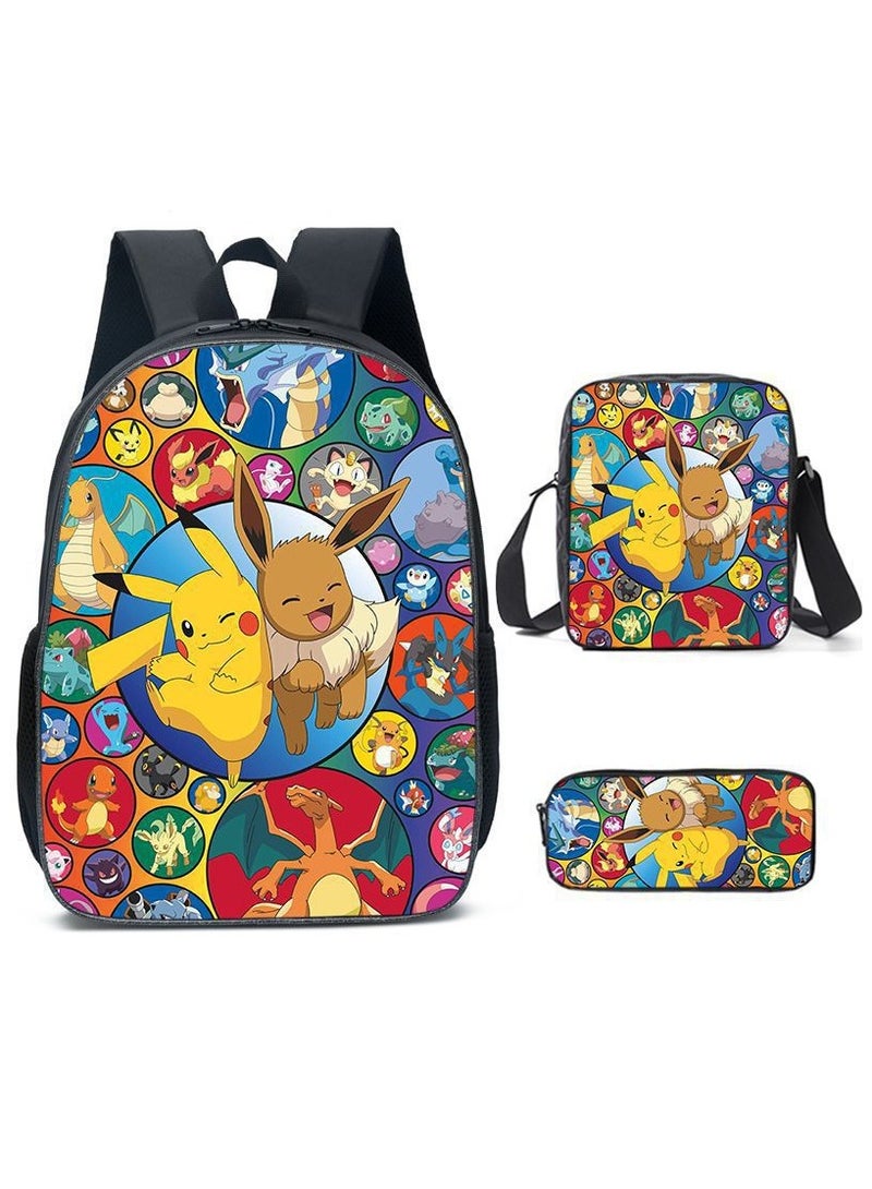 حقيبة ظهر بيكاتشو للطلاب قابلة للتنفس، مجموعة من ثلاث قطع 29*16*42 سم