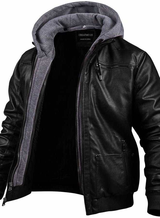 CREATMO US Men's Faux Leather Motorcycle Waterproof Windproof PU Moto Vintage Bomber Hoodie with Removable Hood-Black, Medium - Image 1