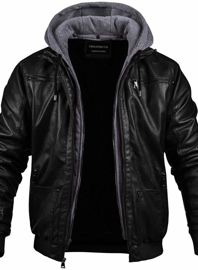 CREATMO US Men's Faux Leather Motorcycle Waterproof Windproof PU Moto Vintage Bomber Hoodie with Removable Hood-Black, Medium - Image 2