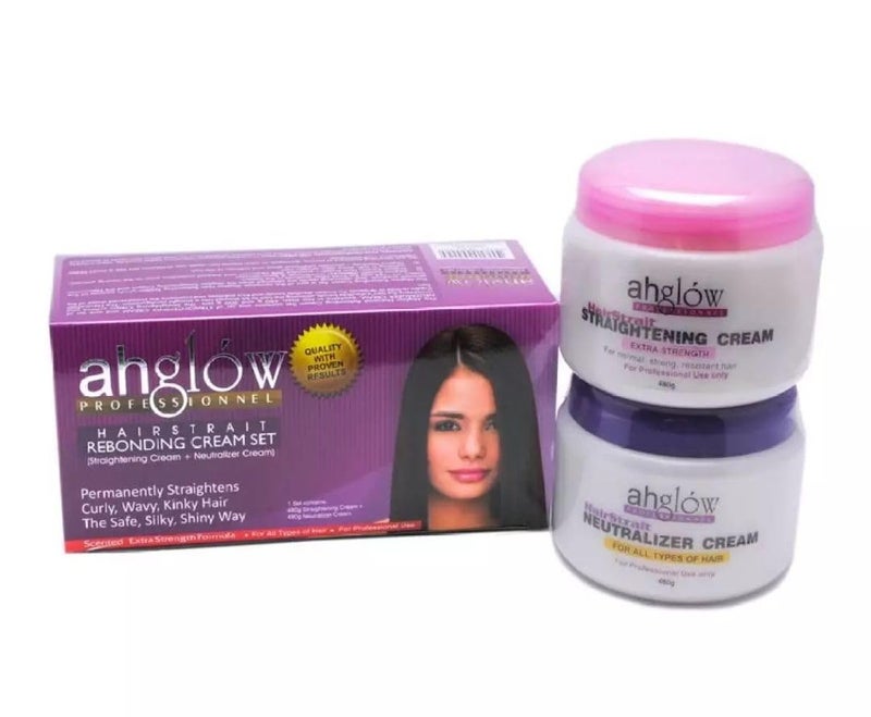 ahglow XL AHGLOW Hair Straightening & Rebonding Set with Keratin Relaxer. Complete System that Straightens Wavy, Curly, Frizzy Hair the Smooth, Silky, Shiny Way! 480gm Neutralizer and Straightening Creams - Image 1