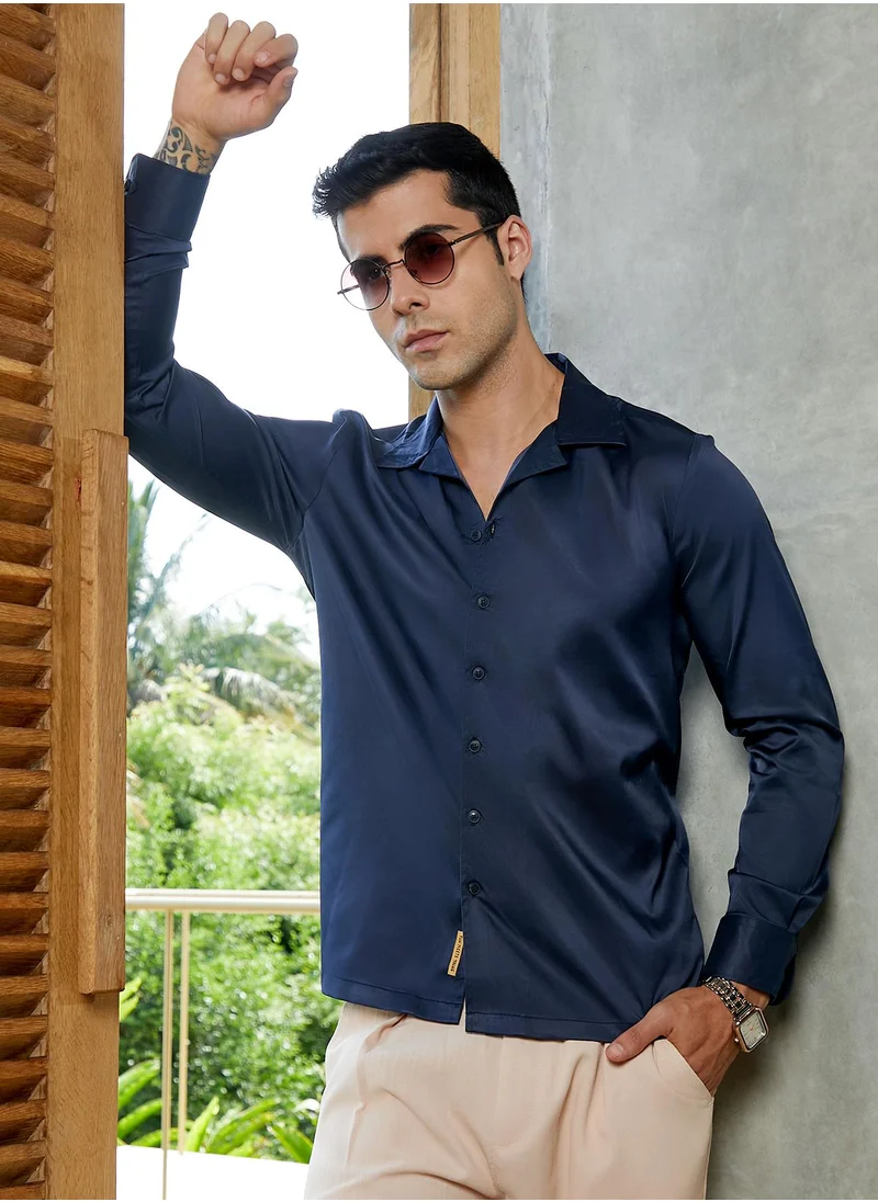 كامبوس سوترا Campus Sutra Men's Prussian Blue Solid Cuban Shirt For Casual Wear | Cuban Collar | Long Cuffed Sleeves | Button Closure | Shirt Crafted With Comfort Fit For Everyday Wear