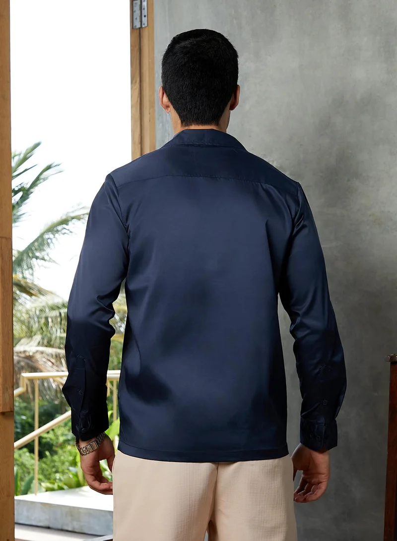 Campus Sutra Campus Sutra Men's Prussian Blue Solid Cuban Shirt For Casual Wear | Cuban Collar | Long Cuffed Sleeves | Button Closure | Shirt Crafted With Comfort Fit For Everyday Wear