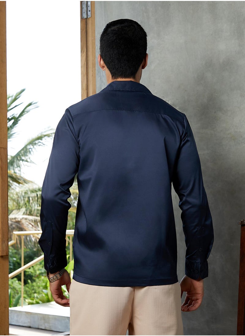 Campus Sutra Campus Sutra Men's Prussian Blue Solid Cuban Shirt For Casual Wear | Cuban Collar | Long Cuffed Sleeves | Button Closure | Shirt Crafted With Comfort Fit For Everyday Wear  - Image 5