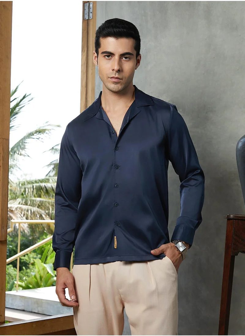 كامبوس سوترا Campus Sutra Men's Prussian Blue Solid Cuban Shirt For Casual Wear | Cuban Collar | Long Cuffed Sleeves | Button Closure | Shirt Crafted With Comfort Fit For Everyday Wear