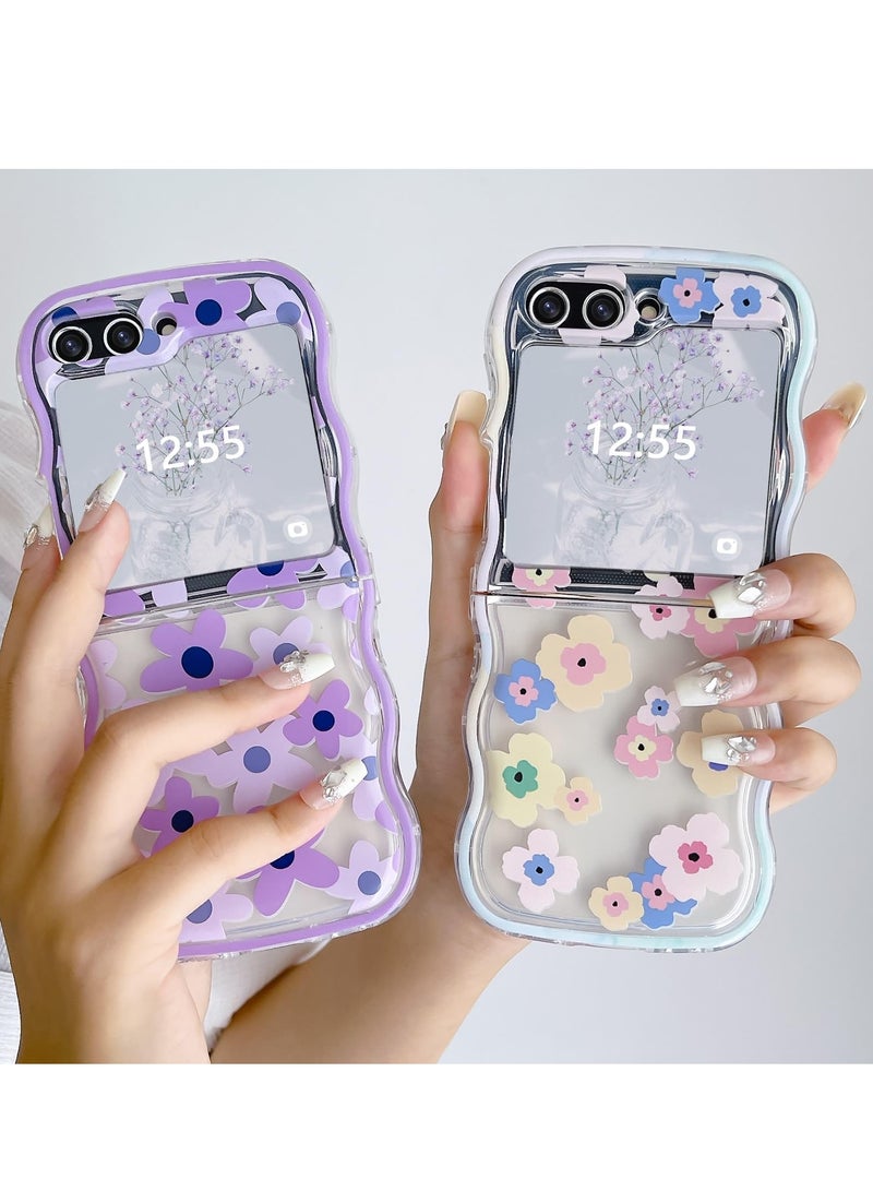 Excefore Designed for Galaxy Z Flip 5 Case, Curly Wave Frame Cute Flower Cover Shockproof Protective Phone Case for Samsung Flip 5 5G, Purple Flower - Image 3