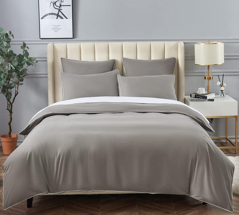 DAUAOTO Duvet Cover Full/Queen Set, Gray Microfiber Bedding with Contrasted White Piping, 1 90"X90" Cover + 2 20"X26" Shams - Image 3