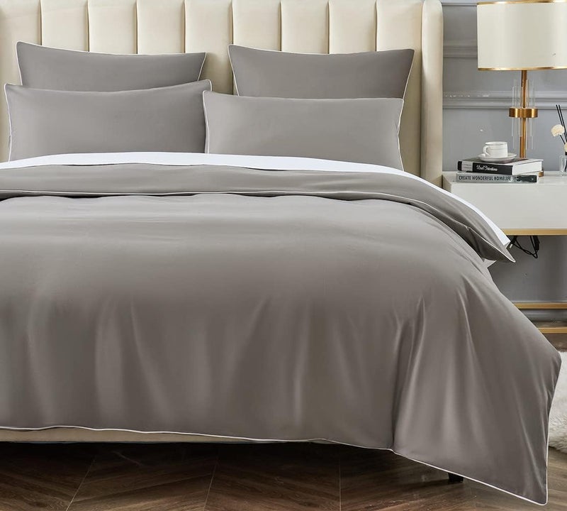 DAUAOTO Duvet Cover Full/Queen Set, Gray Microfiber Bedding with Contrasted White Piping, 1 90"X90" Cover + 2 20"X26" Shams - Image 1