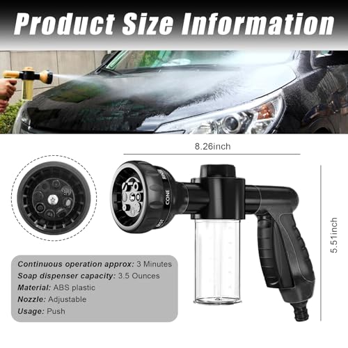 Wevdn Car Wash Nozzle High Pressure 8 Adjustable Patterns Sprayer with Soap Dispenser Universal Garden Hose Foam Nozzle for Car Washing and House Cleaning Car Accessories Black - Image 3