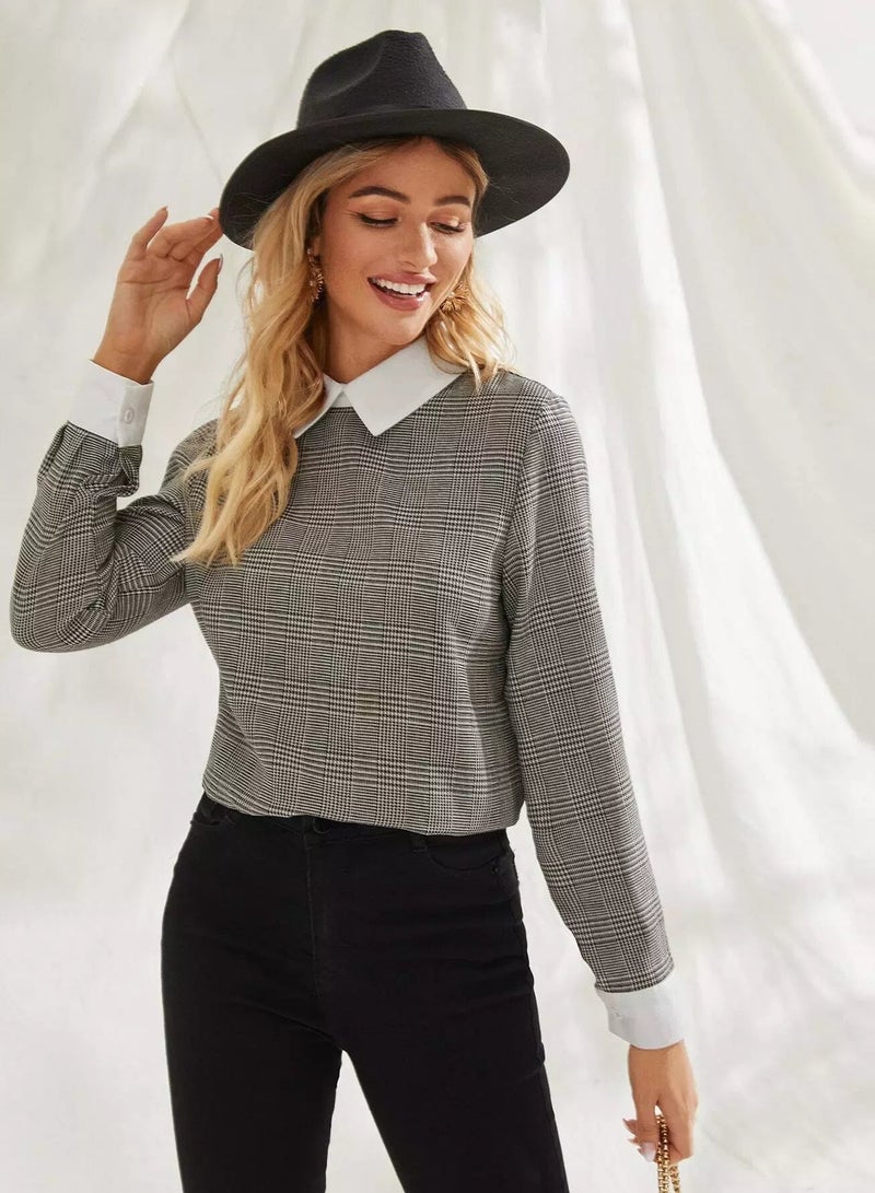 Houndstooth Contrast Collar Keyhole Back Blouse  - Image 1