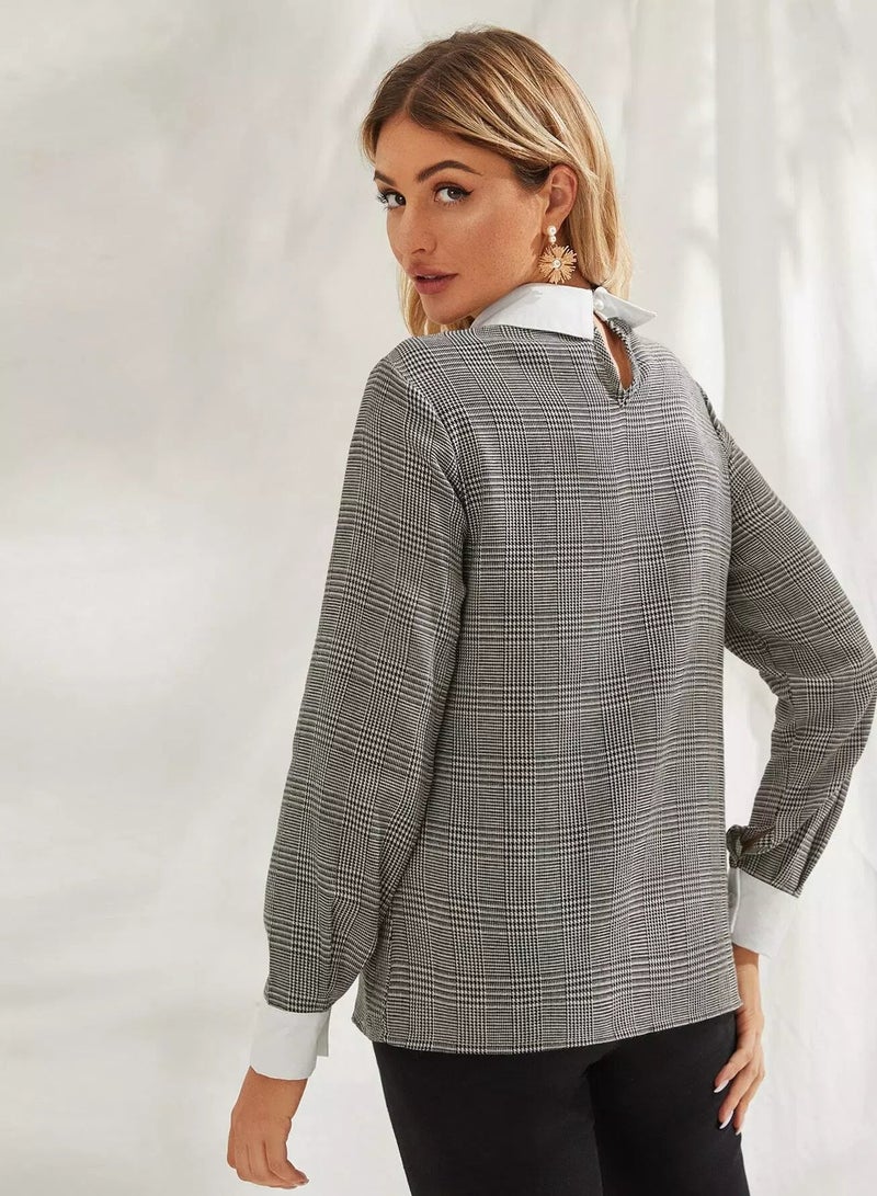 Houndstooth Contrast Collar Keyhole Back Blouse  - Image 2