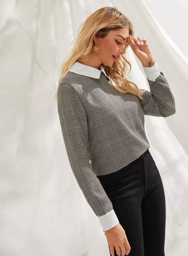 Houndstooth Contrast Collar Keyhole Back Blouse  - Image 5