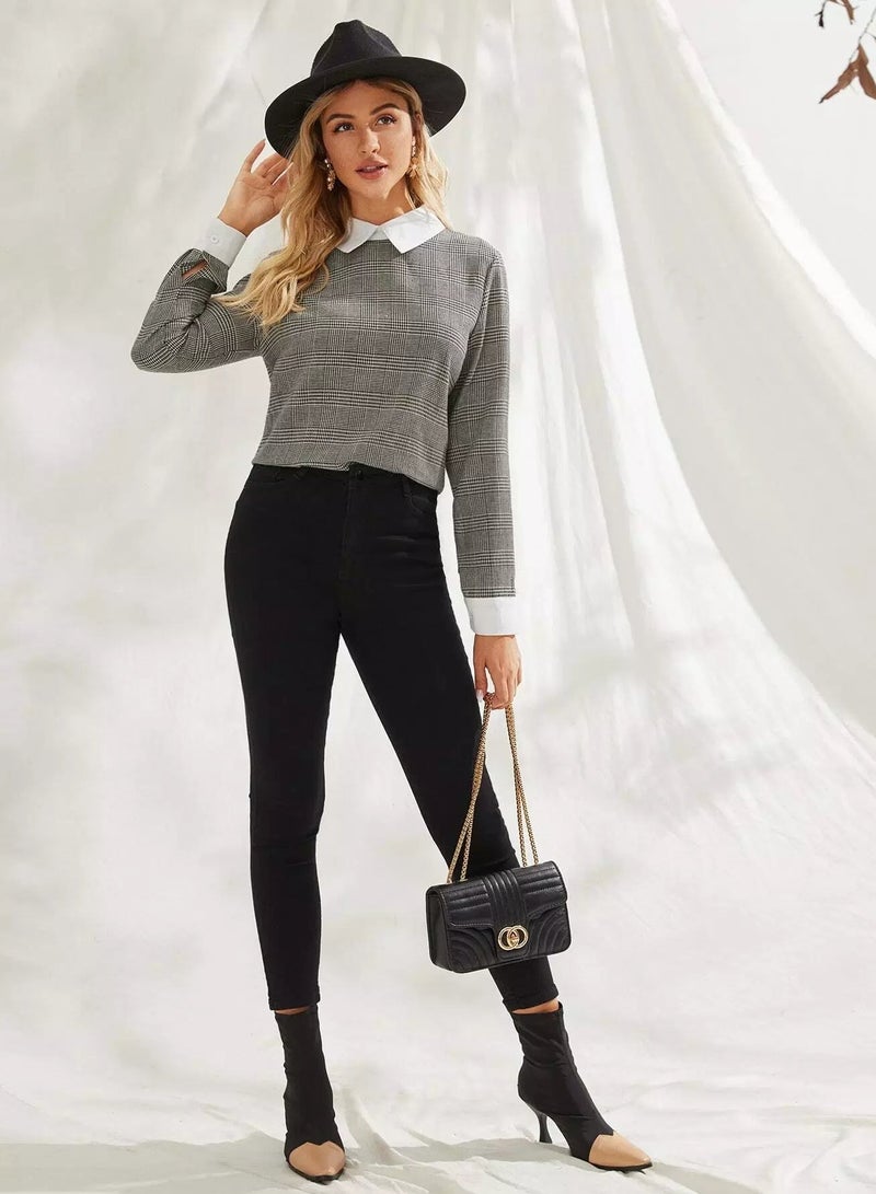 Houndstooth Contrast Collar Keyhole Back Blouse  - Image 4