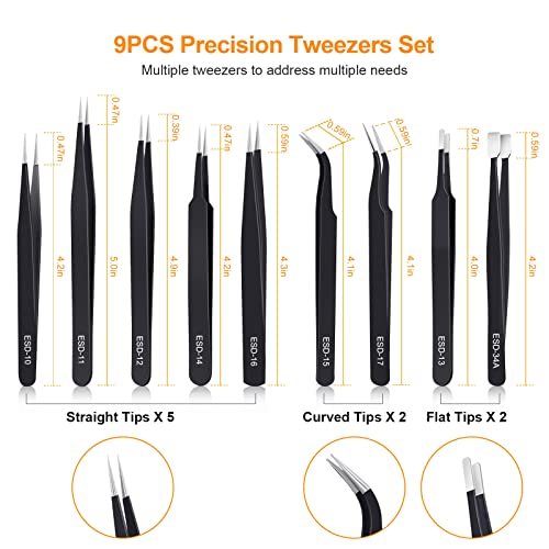 kaverme 9PCS Precision Tweezers Set, Upgraded Anti-Static Stainless Steel of Tweezers, for Electronics, Soldering, Laboratory Work, Jewelry-Making, Model, Craft - Image 2